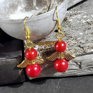 Sustainable Christmas Holiday Angels Gold Plated Red Glass Pearl Earrings
